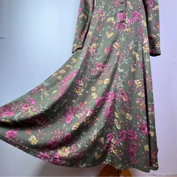 Laura Ashley Vintage Green Floral Long Sleeve Lace Collar Maxi Dress UK 10-12 - Picture 5 of 14